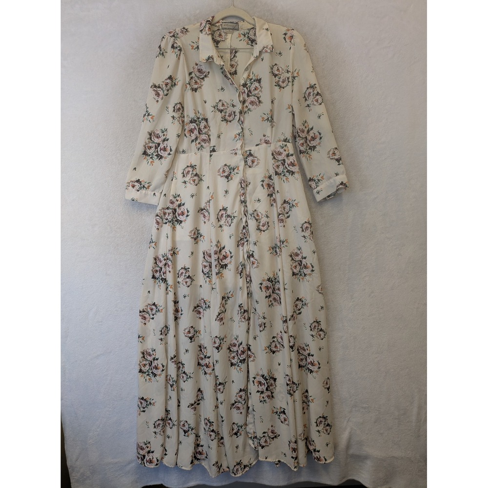 Ethereal Maxi Dress‎ Women's Medium Cream Floral Button Front Long Sleeve